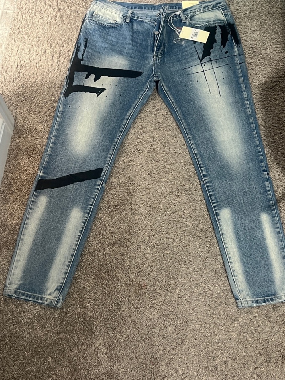 Blue Distressed Men’s Slim Fit Jeans with Black Graphic Accents